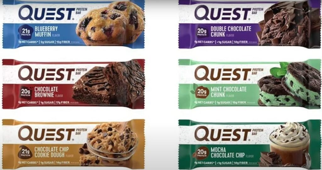  6 different Quest Bars including Blueberry Muffin, Mint Chocolate Chunk, and Mocha