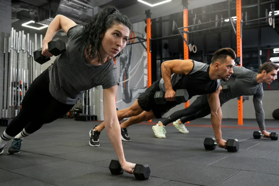 people working out indoors with dumbbells